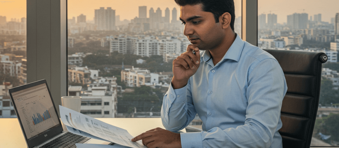 Noida skyline with a house key and financial chart representing home loan options.